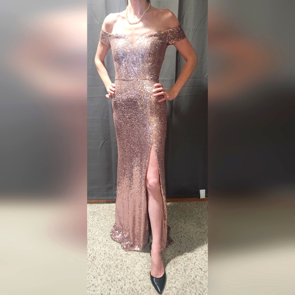 B. Darlin Elegant Sequin Off-Shoulder Gown - Picture 1 of 14